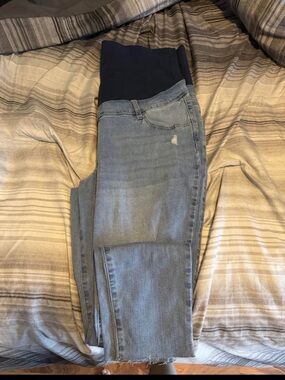 Paisley Sky Light Blue Skinny Maternity Jeans with Navy Stretch Panel